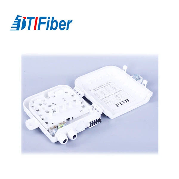 16-port fiber distribution box open with splice tray and splitter