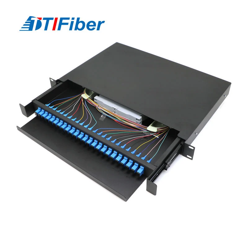 1U rack mount fiber optic patch panel front view with LC adapters
