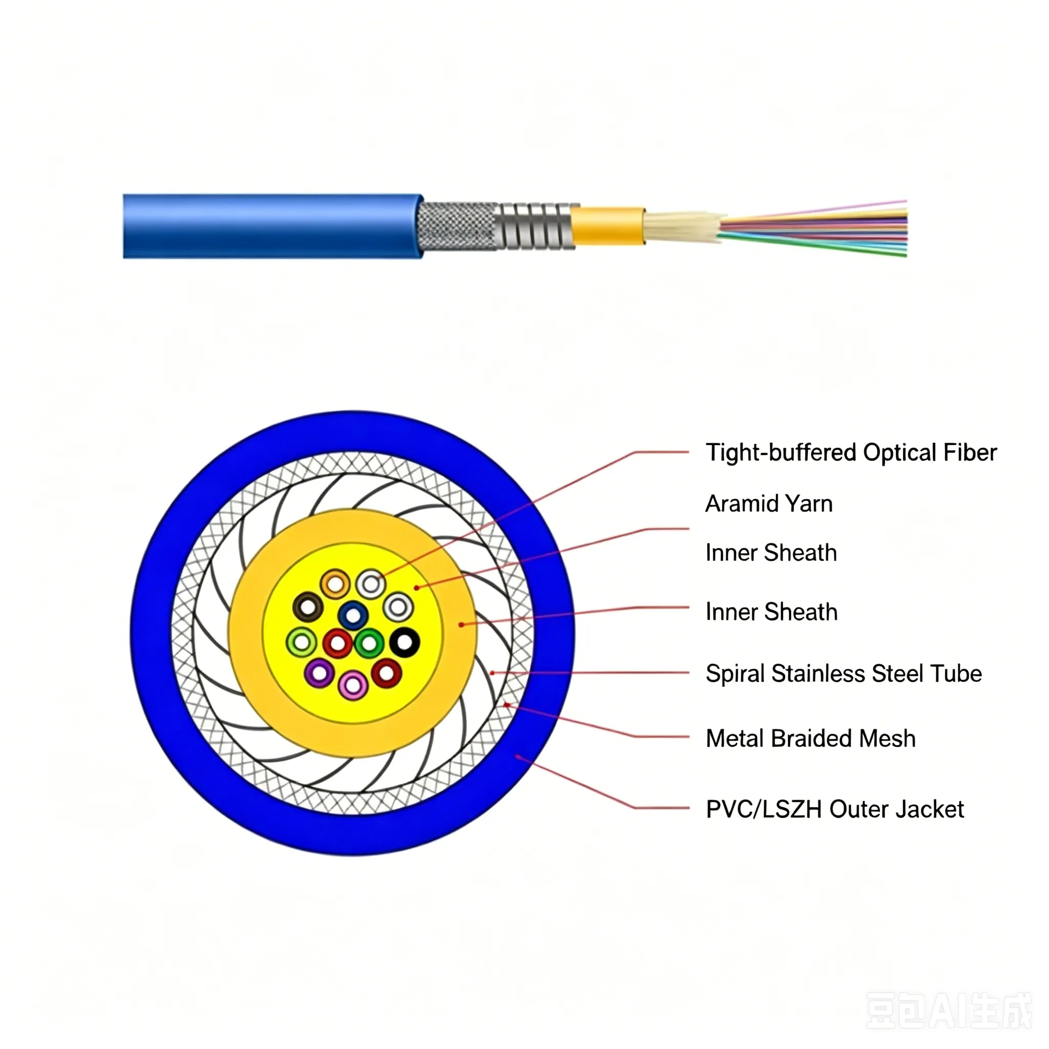 GJSFJV armored cable cross-section showing stainless steel braid and armor layers