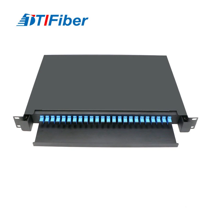 Fiber distribution frame ODF with open door showing splice trays