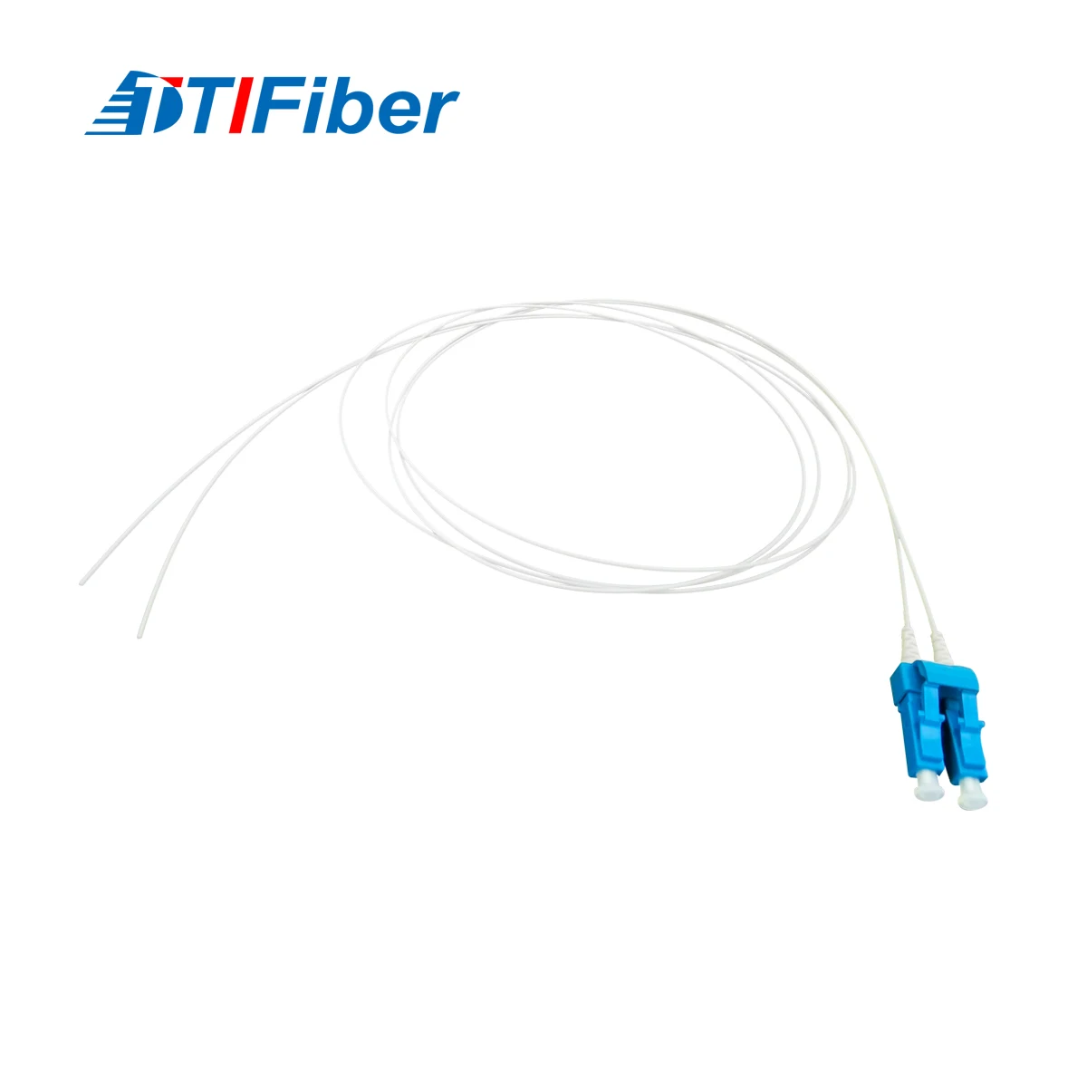 LC/UPC fiber pigtail showing connector detail and bare fiber end