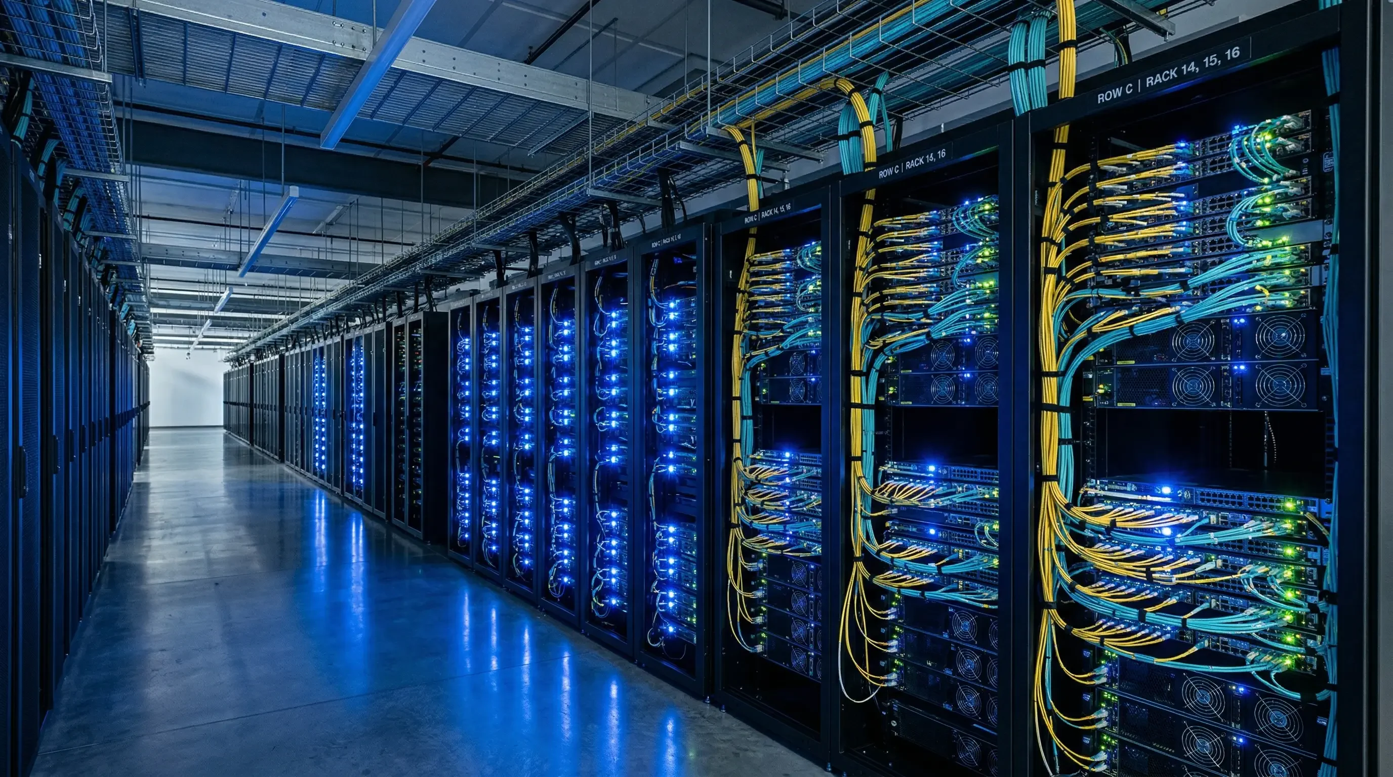 MPO fiber optic patch cords installed in data center server rack