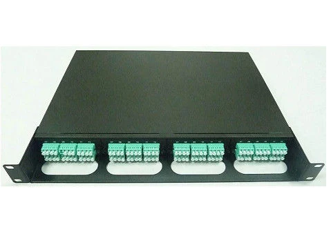 Sliding fiber optic patch panel closed in rack mount position