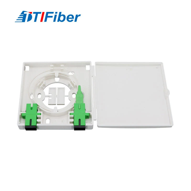 Wall mount fiber optic patch panel with door open showing adapters